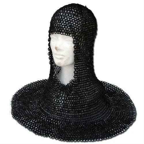 MS Butted Hood Blackened Butted chainmail Round Neck Chain Mail Coif Medieval..