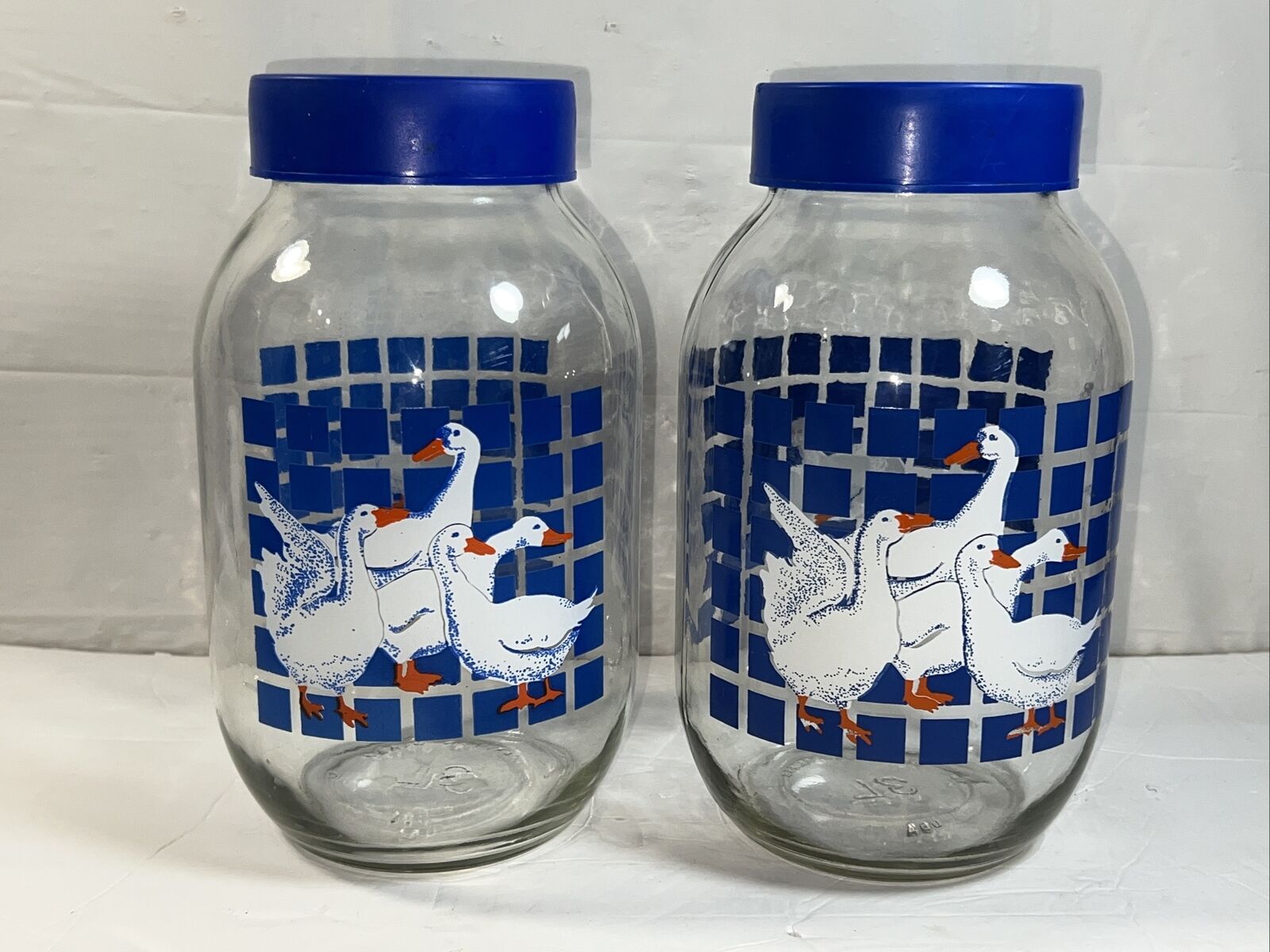 Carlton Glass Vintage Blue Goose Cookie Jar Country Geese Blue Checked Lot Of 2