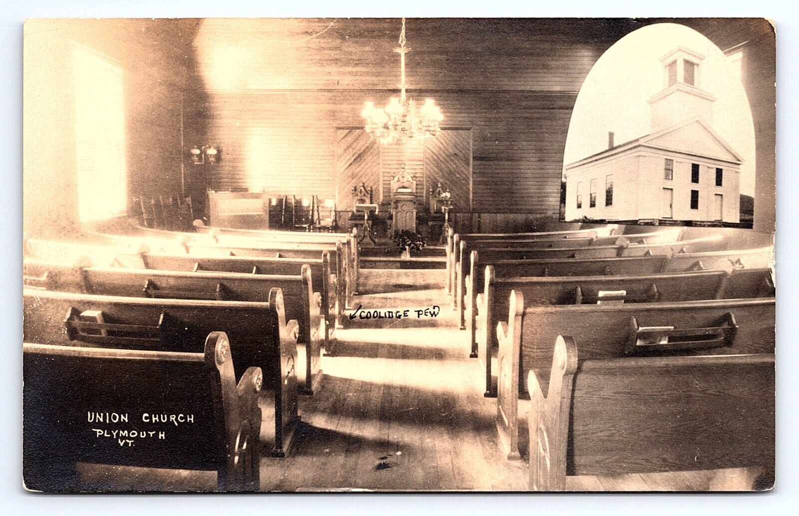 Postcard RPPC Real Photo Interior View Union Church Plymouth Vermont VT