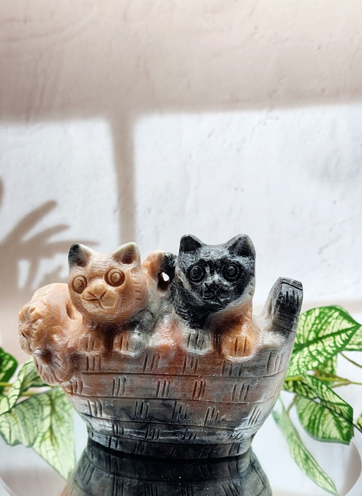Sunstone Kittens In Basket, Cat Gemstone Carving, Hand Carved Crystal Cats 