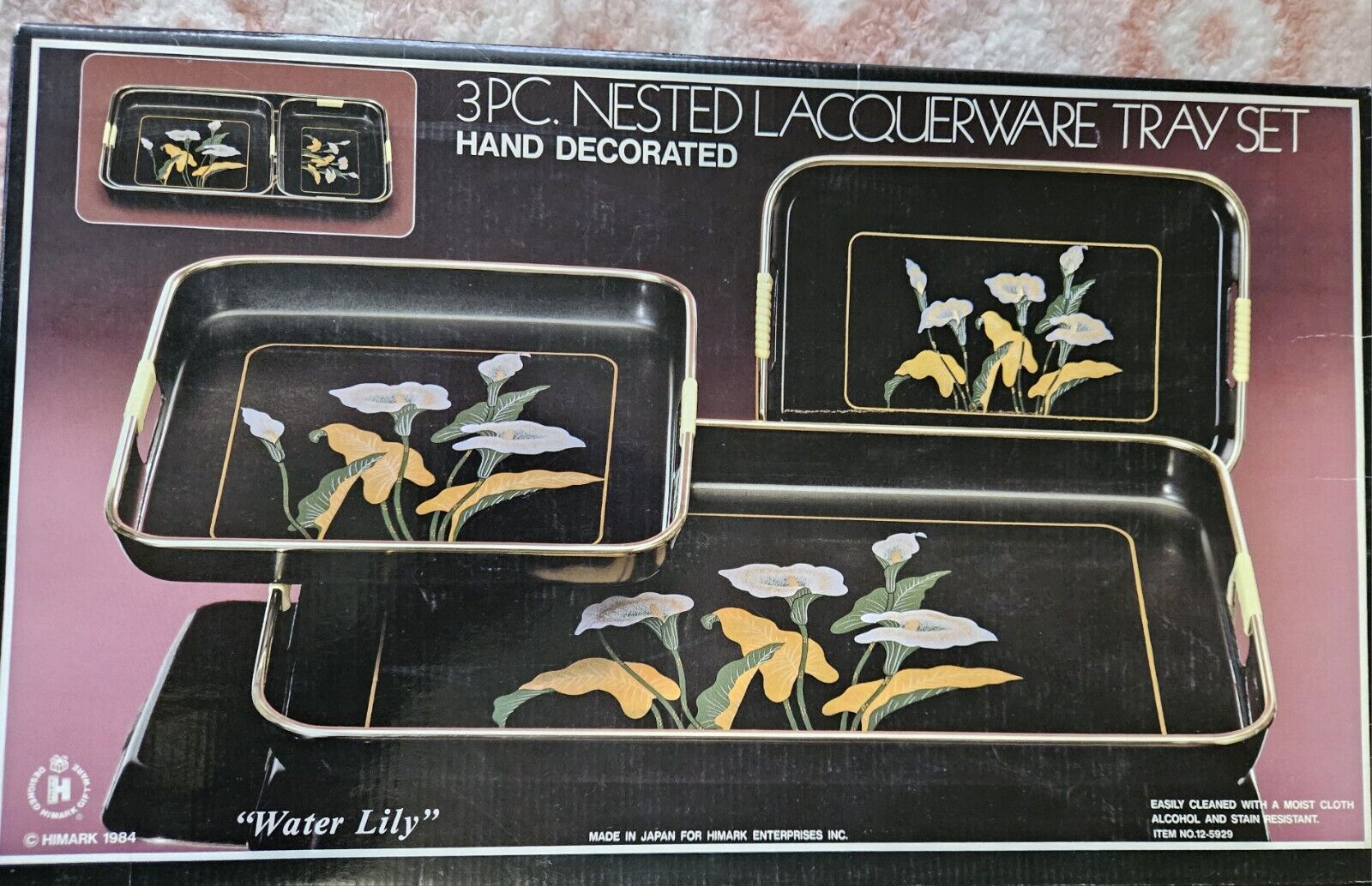 Vintage Japan  Laquerware Nested Tray Set 1984 Handpainted  Excellent NIB 