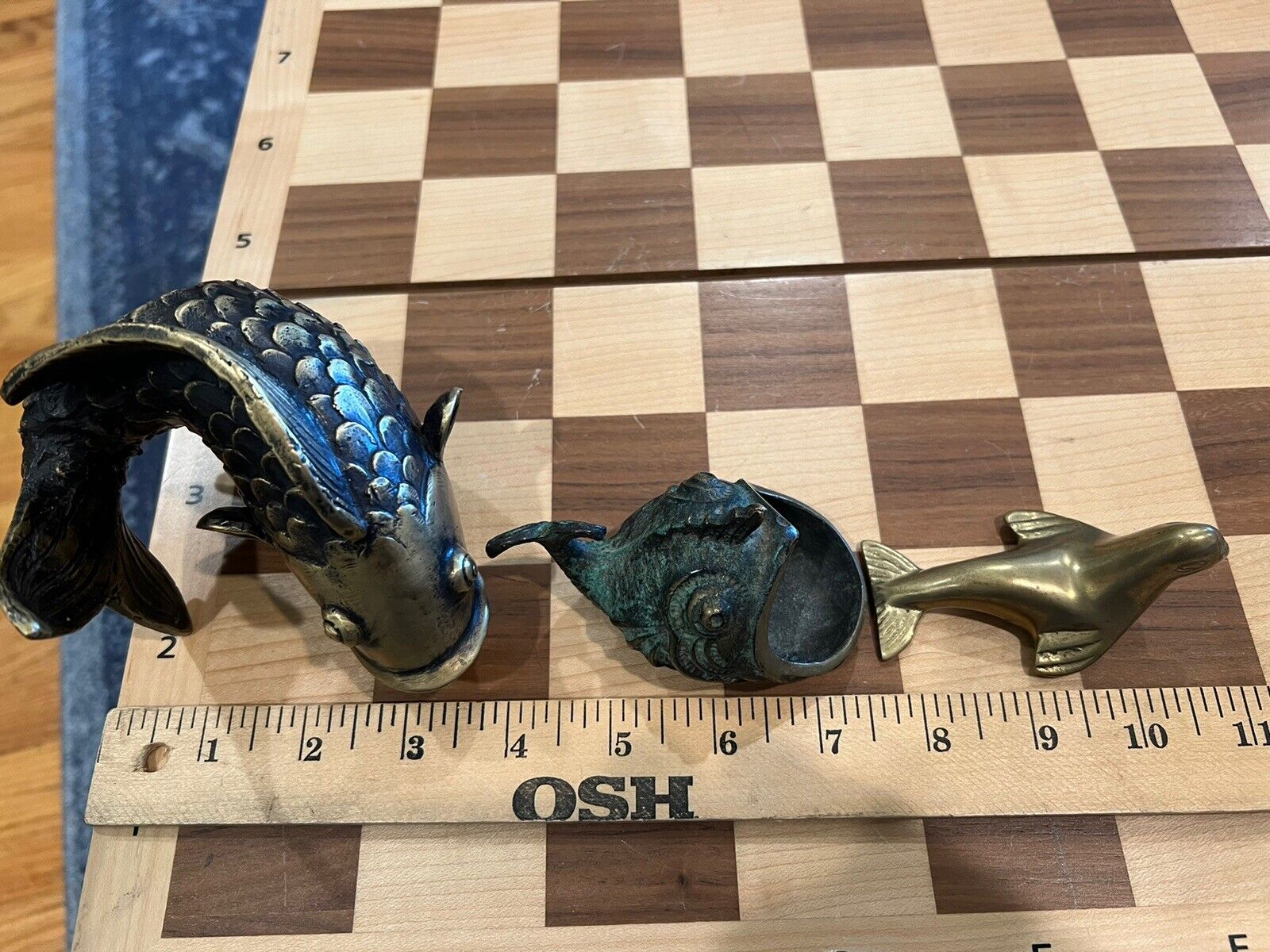 2 Vintage brass fish, 1 paperweight , 1 ashtray ? Mozambique + seal paperweight