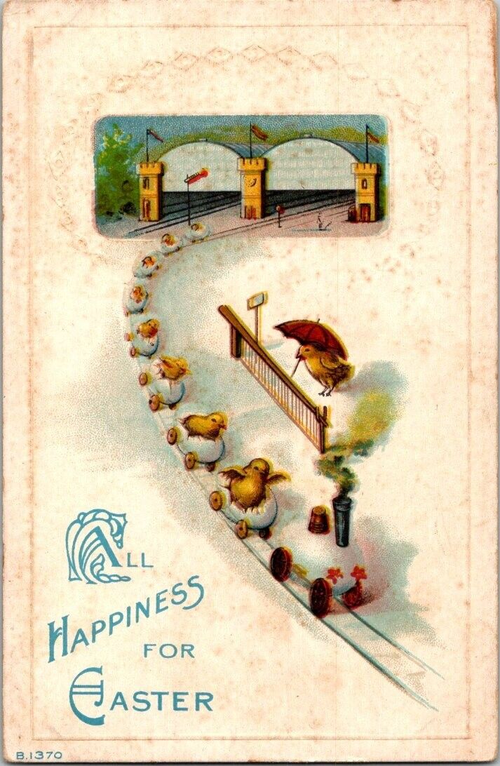 Vintage Antique Postcard Easter Anthropomorphic Baby Chick Egg Train Conduct P04