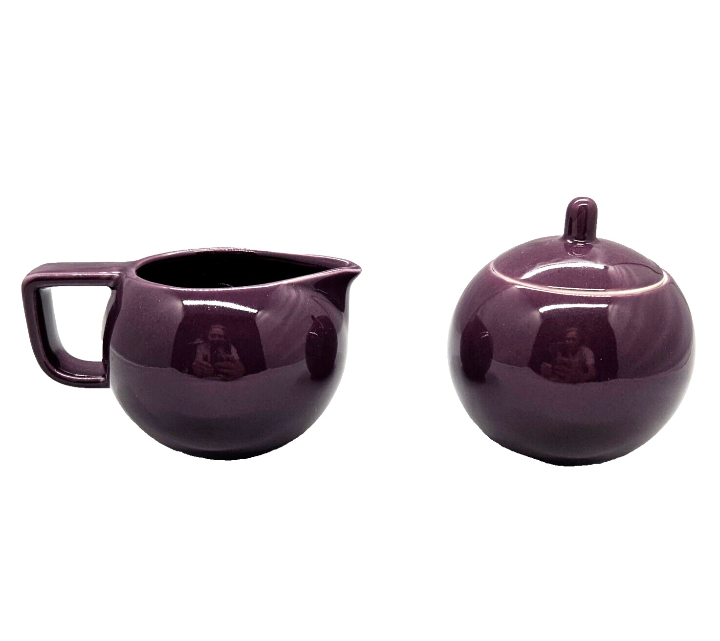 Sasaki Colorstone Plum Designed by Vignelli Creamer and Lidded Sugar Bowl Glossy