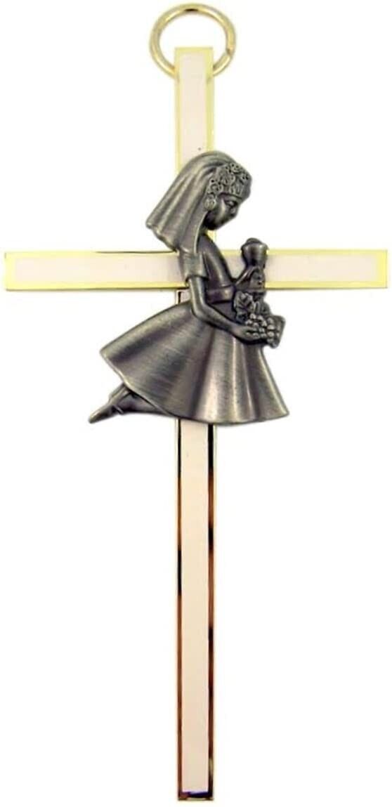 White Enamel First Holy Communion Brass Wall Cross, 4 Inch (Girl)