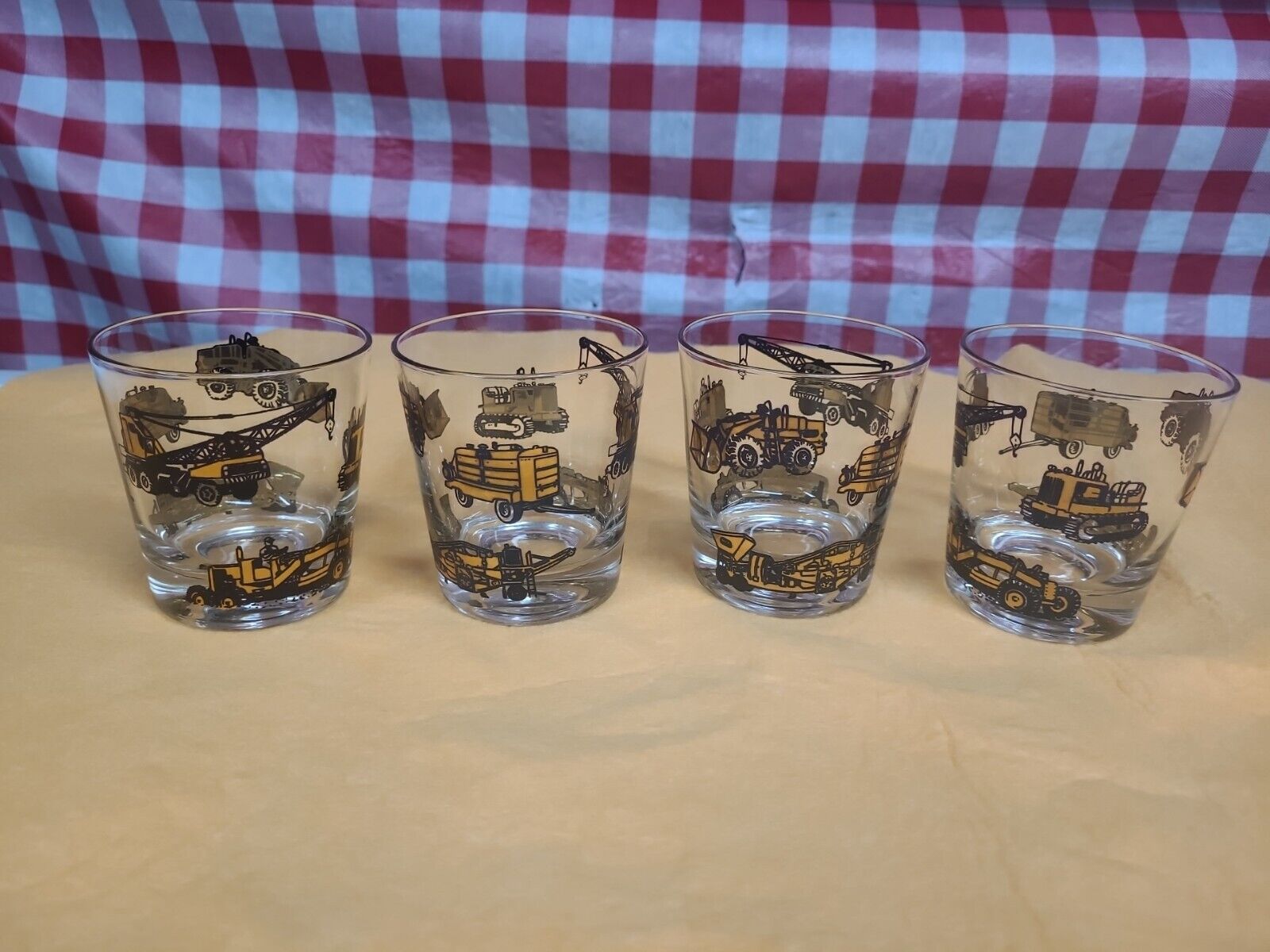 Vintage Set Of 4 Lowball Or Whiskey Glasses Black And Gold Construction Theme