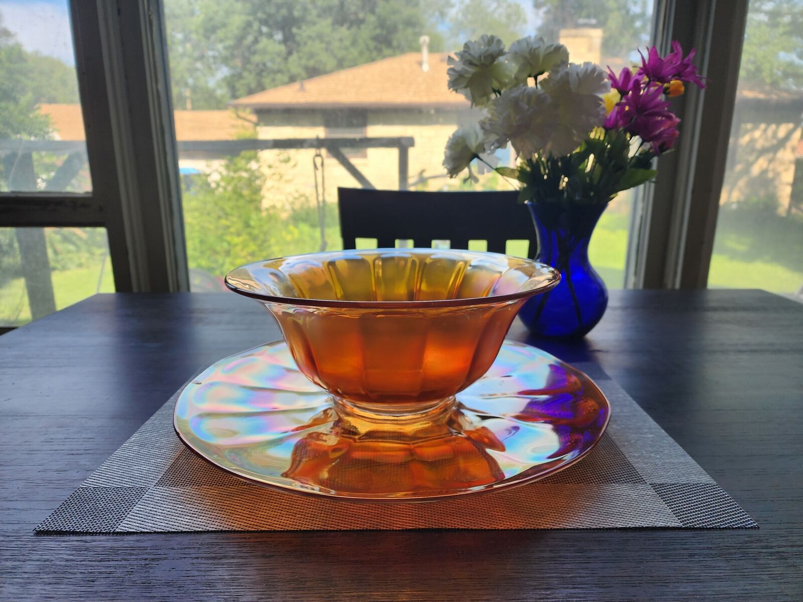 Vintage Marigold Carnival Glass Bowl and Platter, Matching Set