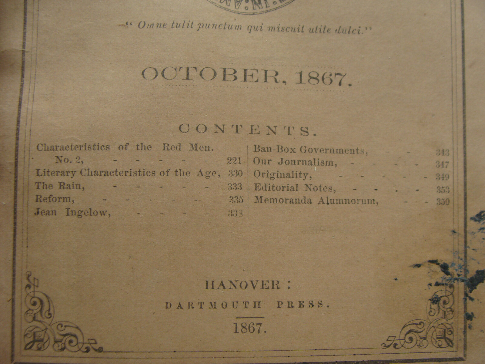 original DARTMOUTH COLLEGE -- october 1867 -- THE DARTMOUTH - 40pgs 