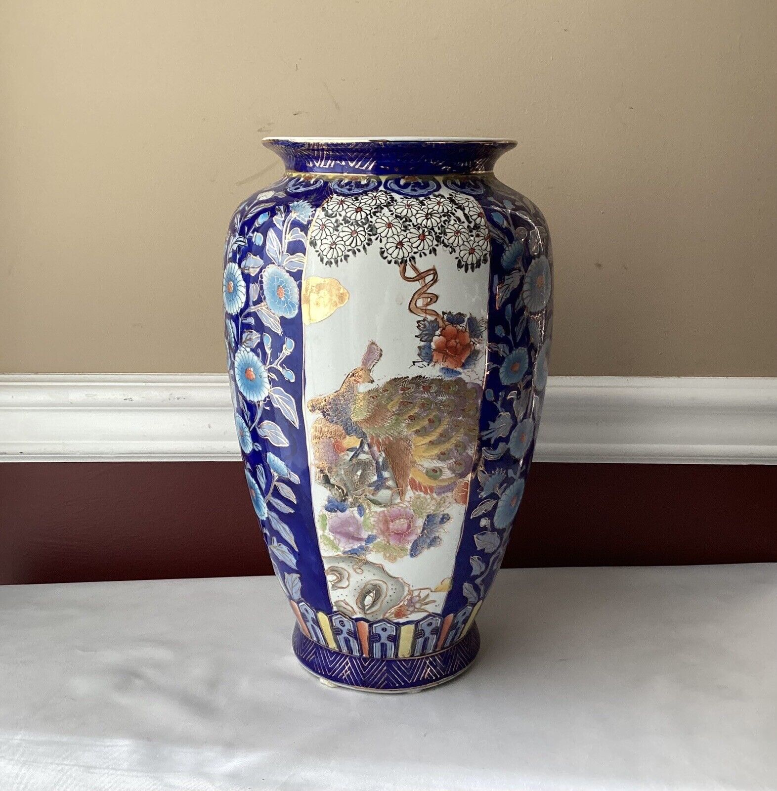 Vintage Tall Chinese Porcelain Blue Peacock Vase, Unmarked, 14