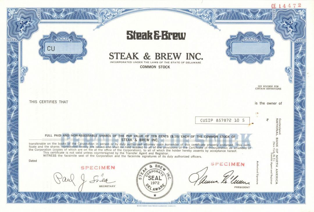 Steak and Brew Inc. - Specimen Stock Certificate - Specimen Stocks & Bonds
