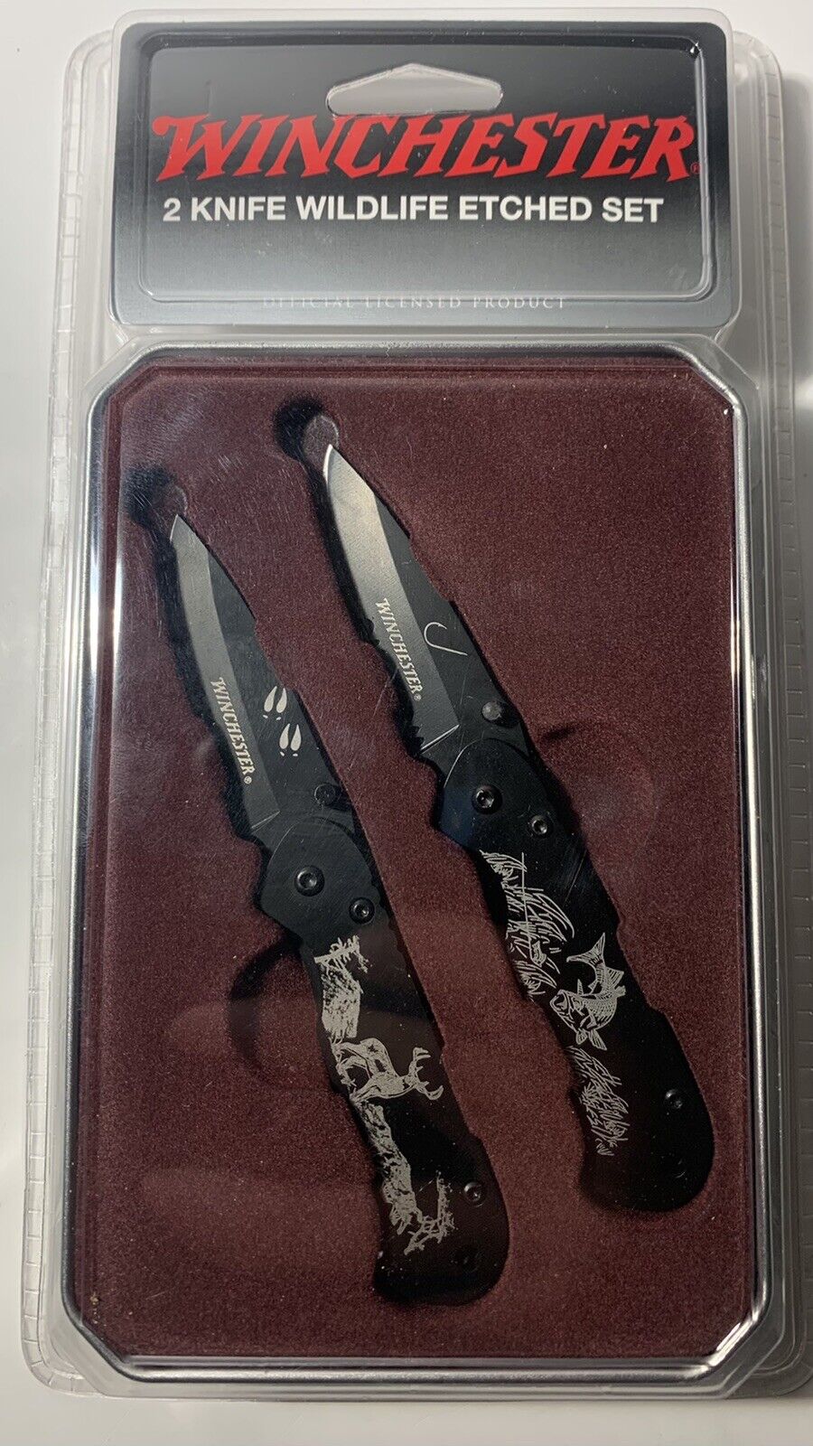 Wildlife Etched Winchester 2 Knife Set Buck Hunting Bass Fishing Outdoorsman