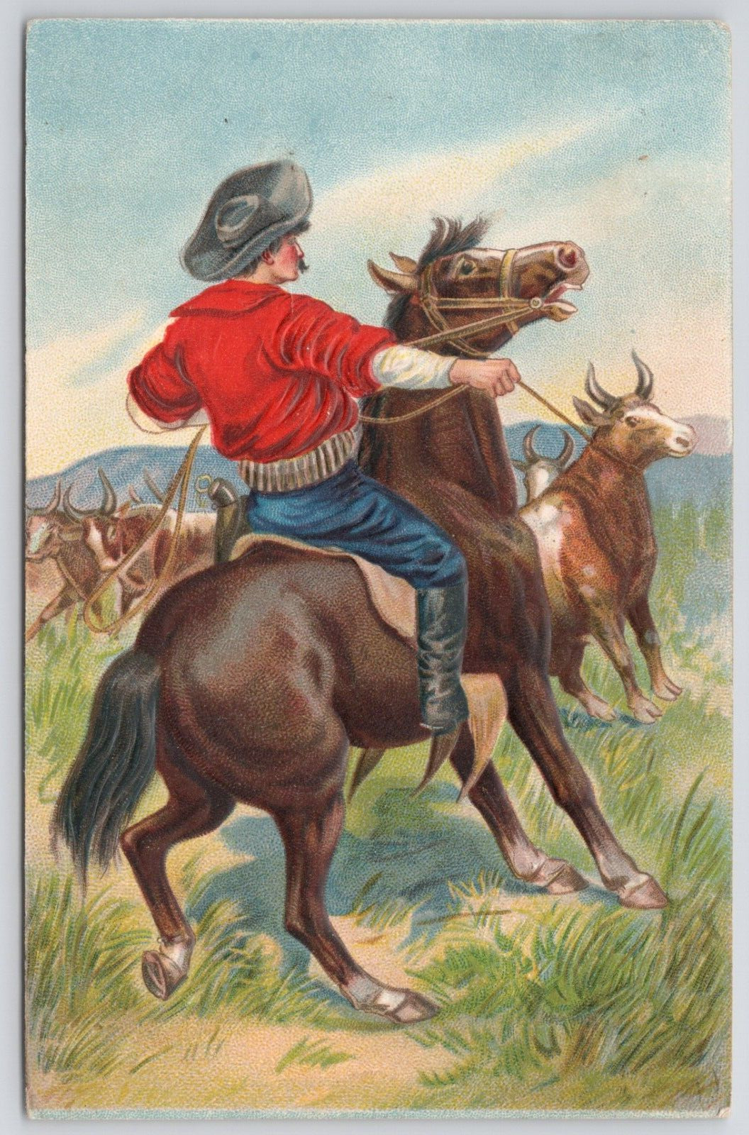Postcard Cowboy on Horse Wrangling Steer Embossed Posted c1907