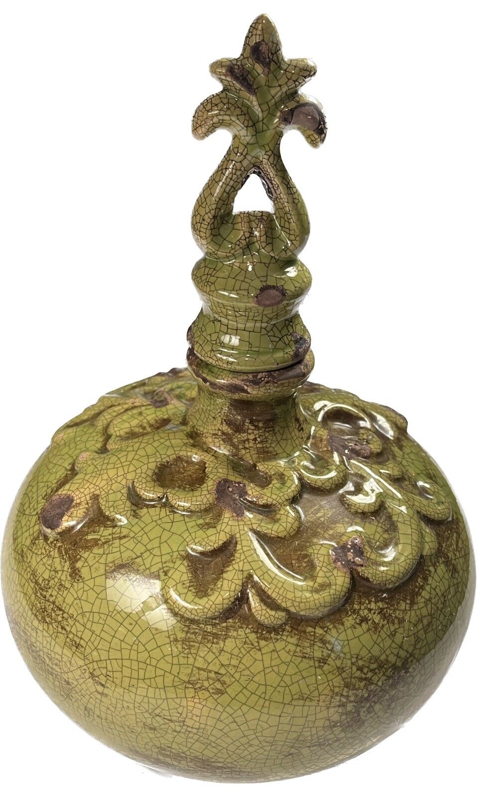 Mid Century Lidded Vase Rotund Ornate Stoneware Pottery Decant, Ochre Glaze Pour