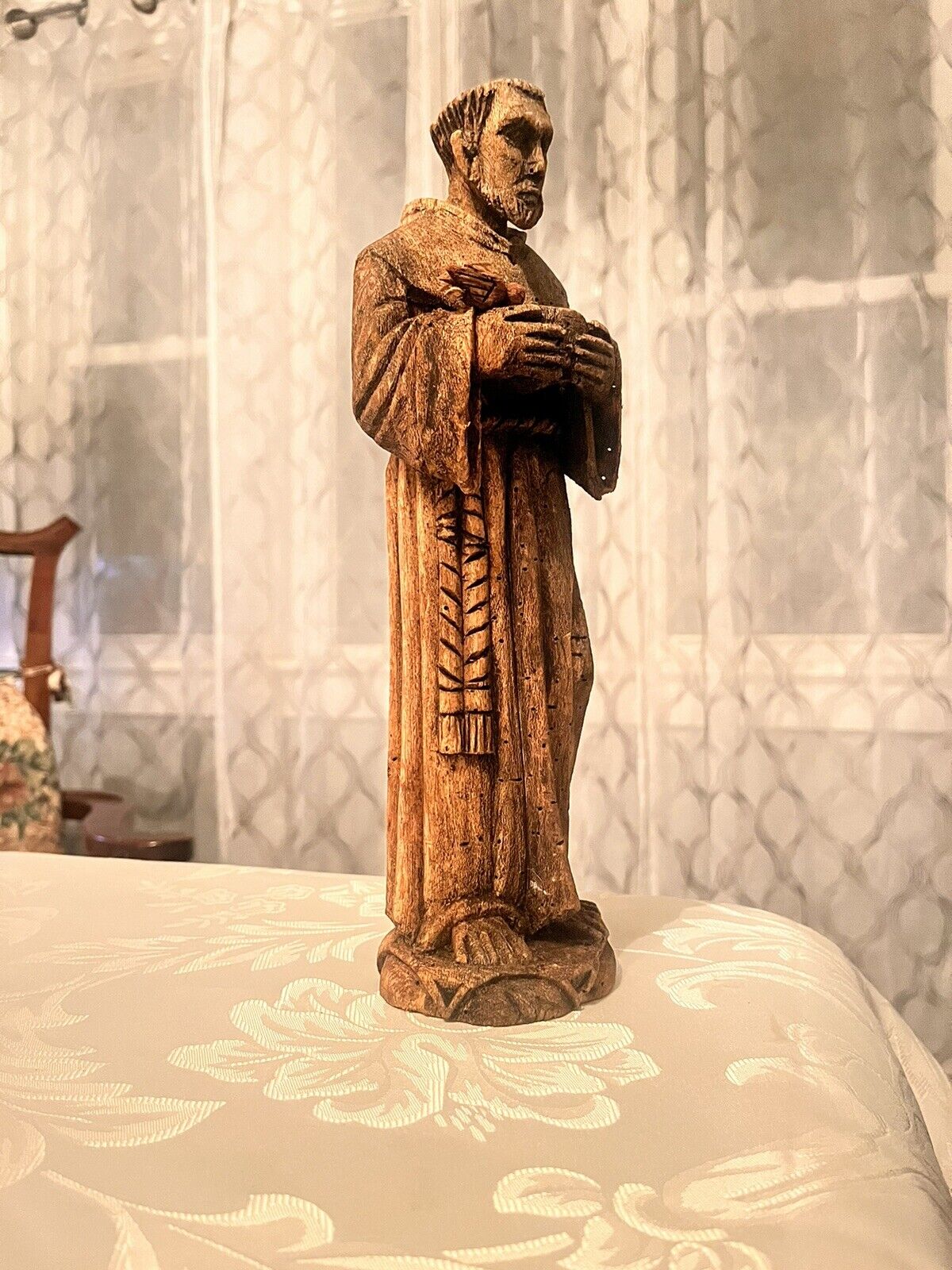 Primitive hand carved St. Francis W/Dove 12” painted wood folk art