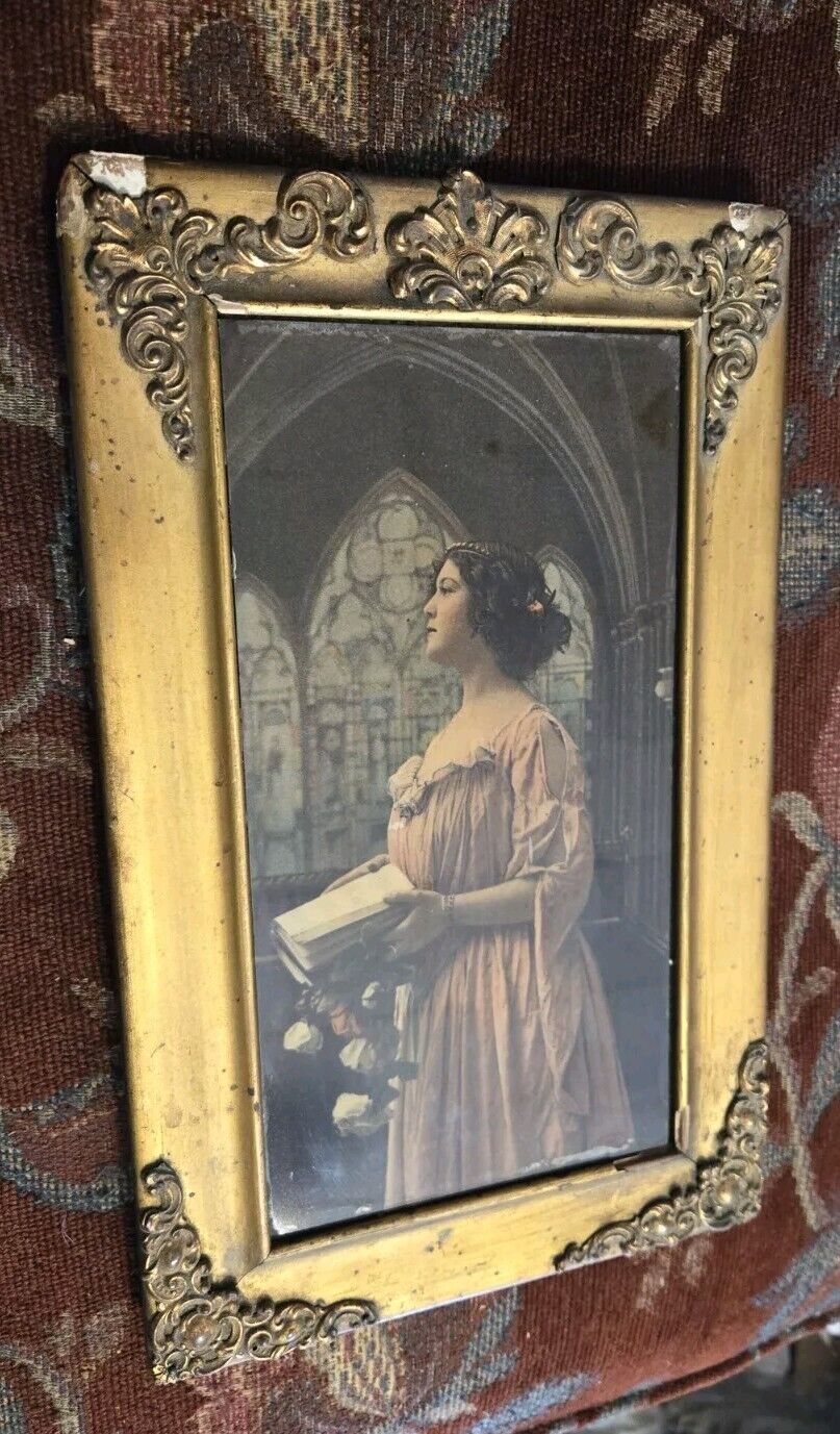 Antique 12 X 7 Framed Print Woman W Roses And Hymn Book In Church