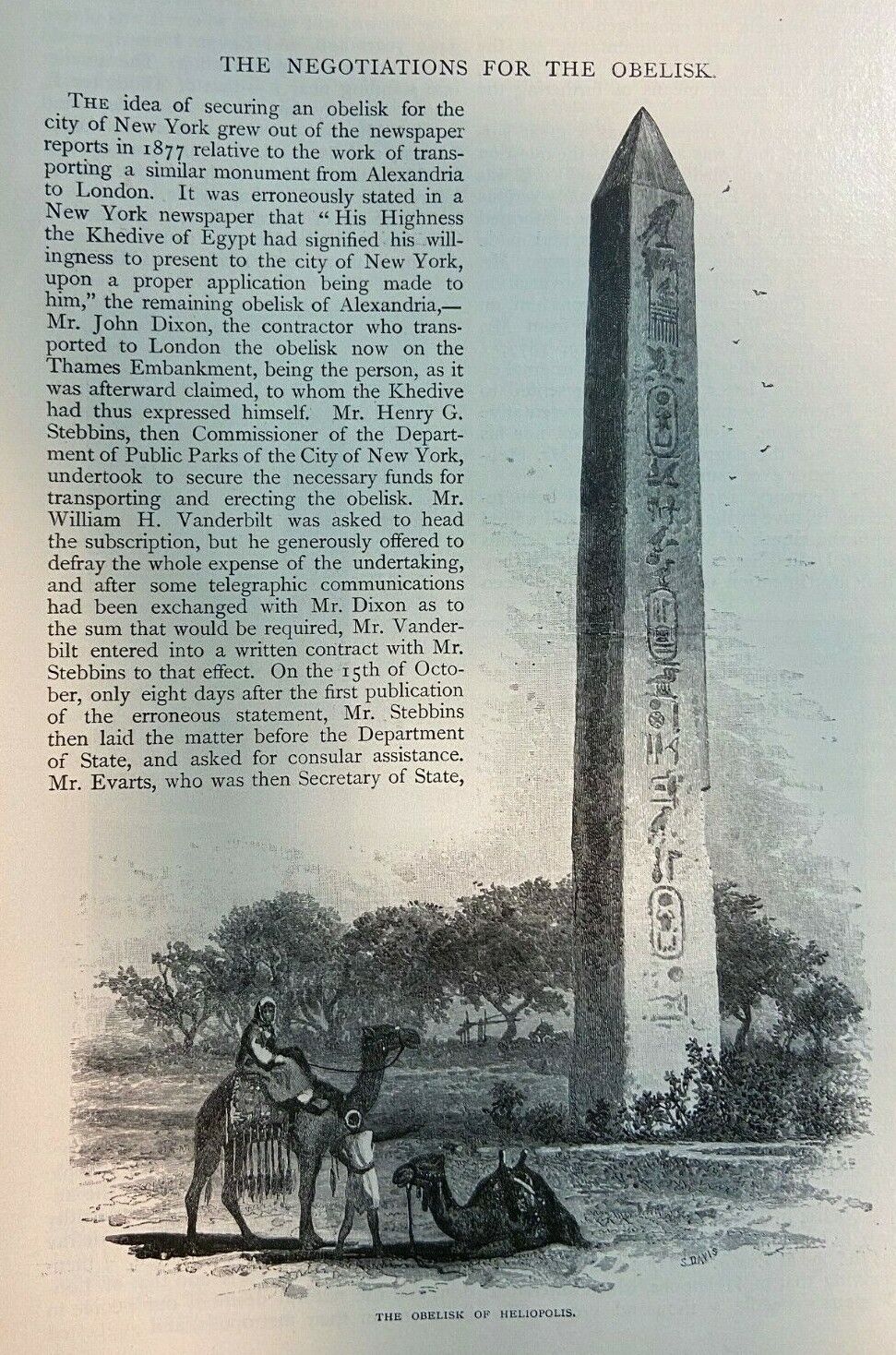 1886 New York Negotiations for the Obelisk of Heleopolis illustrated