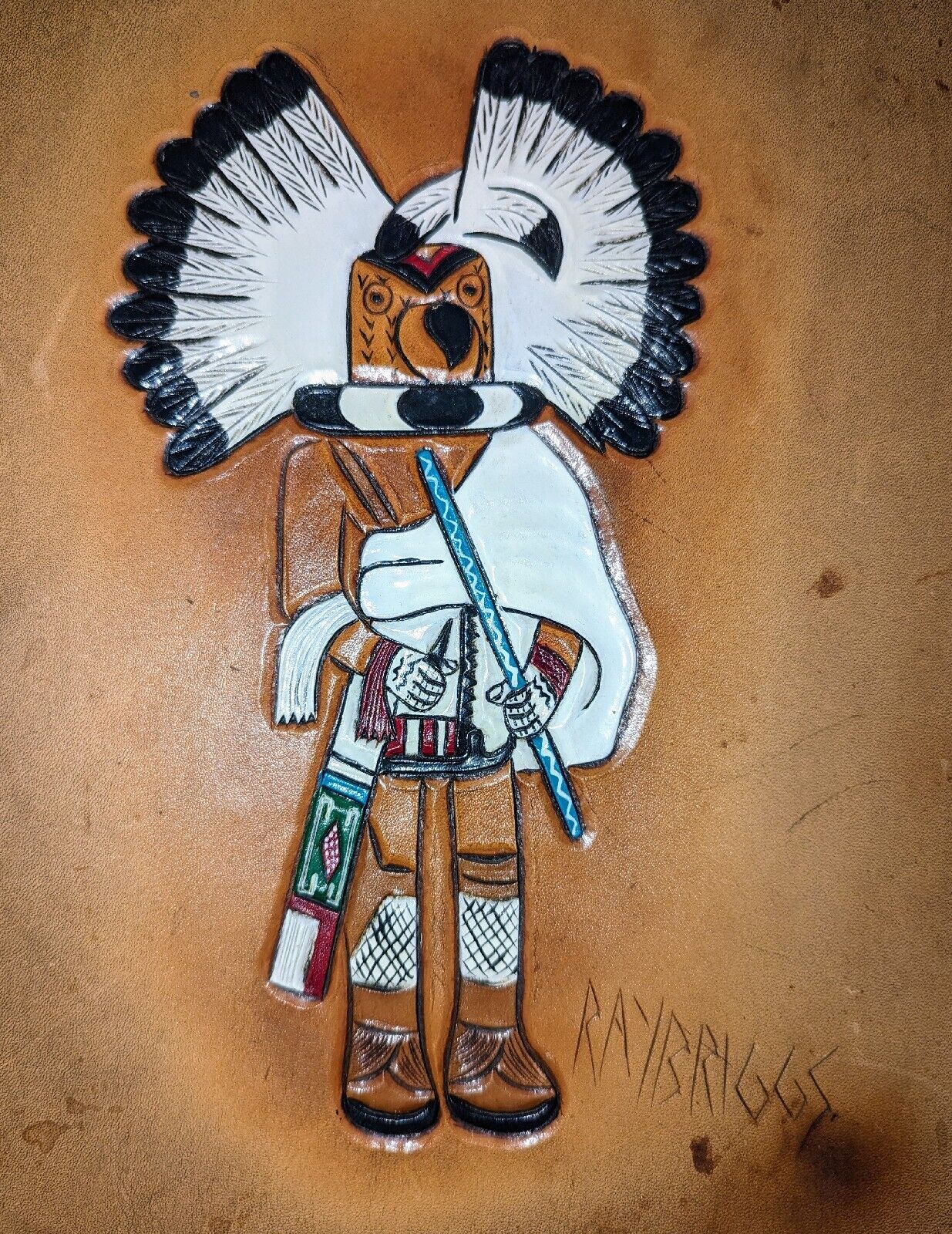 Vtg Kachina Ray Briggs Native American Tooled Leather Painted Signed Art Hopi A+