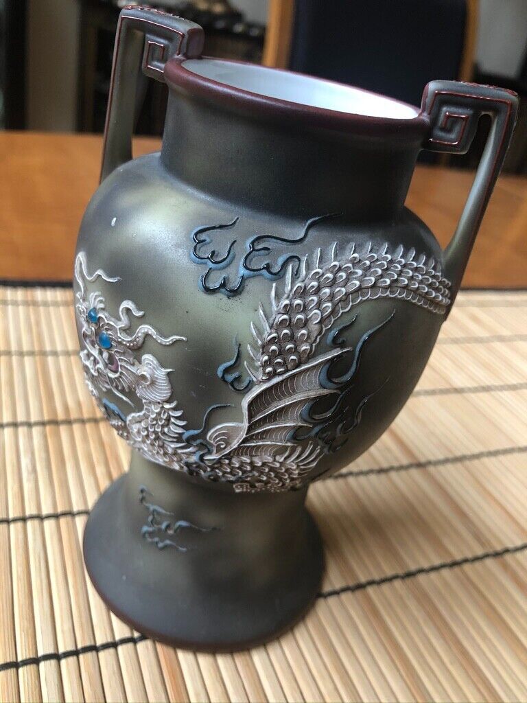 Nippon Old Noritake Dragon Enlivening Vase Height  Moriage 5.5 \