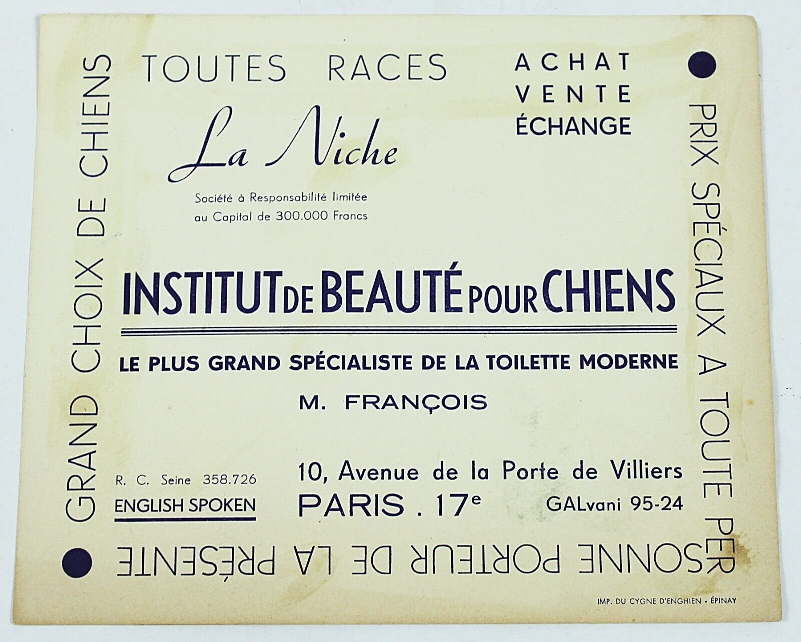 Vintage Business Card BEAUTY INSTITUTE FOR DOGS in Paris France 1950s 6.625x5.5