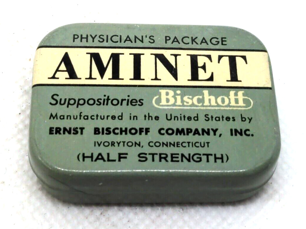 Aminet Suppositories Ernst Bischoff Co Ivorton Conn vintage medicine tin