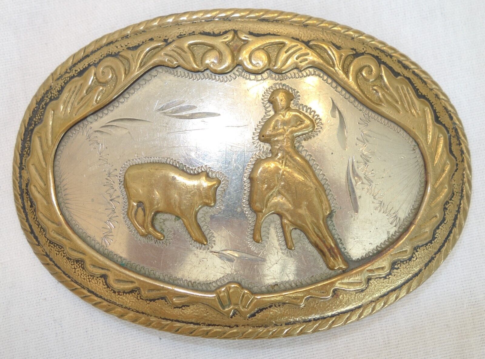 VTG ROCKMOUNT Hand Made Engraved Nickle Silver Cowboy Belt Buckle Rodeo 