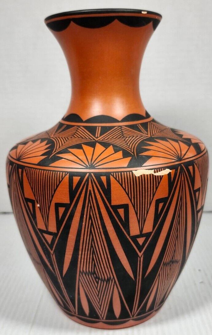 M. Chino Signed Acoma Pueblo Native American Pottery Vase Geometric Design 1985