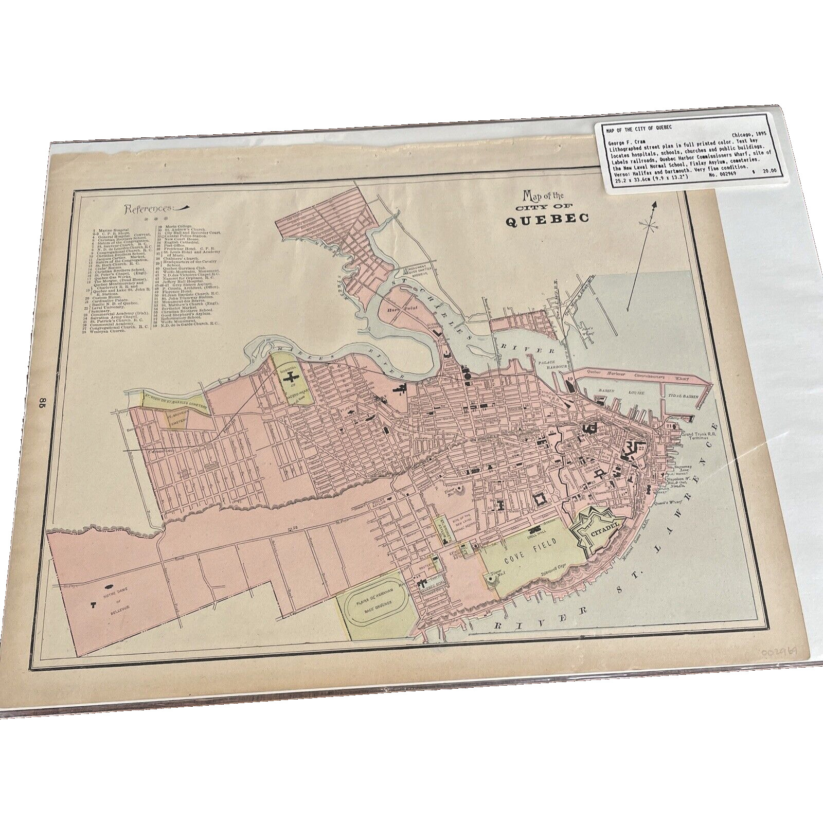 Antique Map QUEBEC CITY CANADA Original 10” X 13” George F Cram Vintage