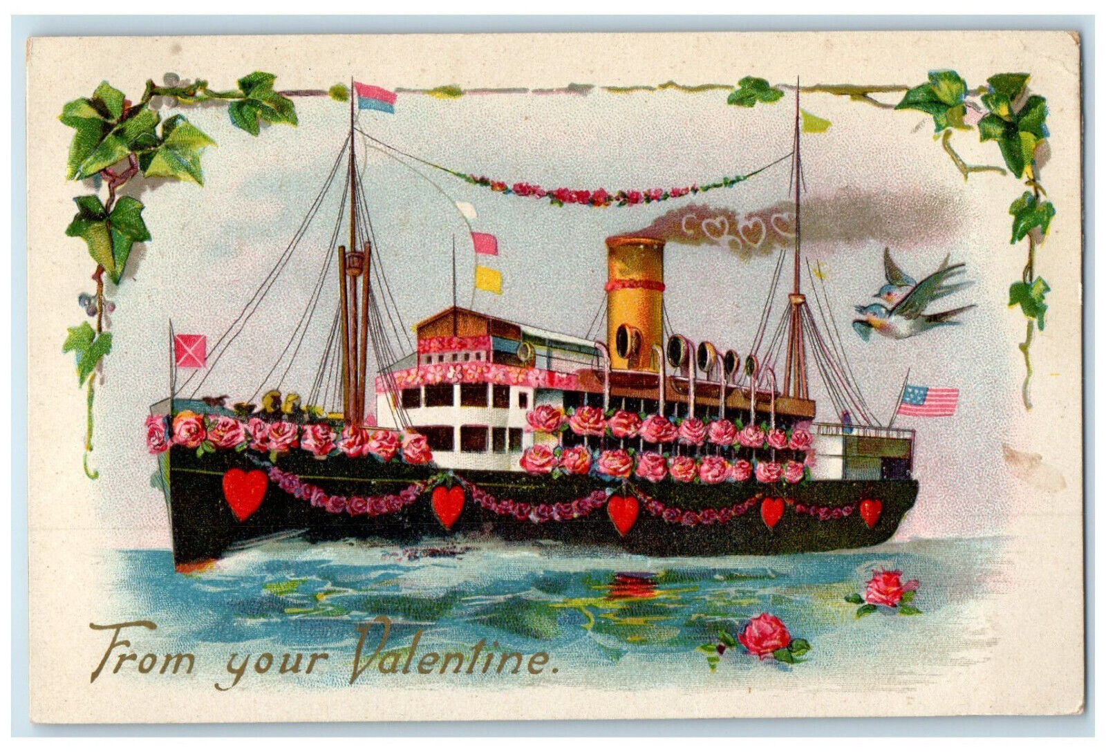 1913 From Your Valentine Flower Decorated Steamer Underwood MN Postcard