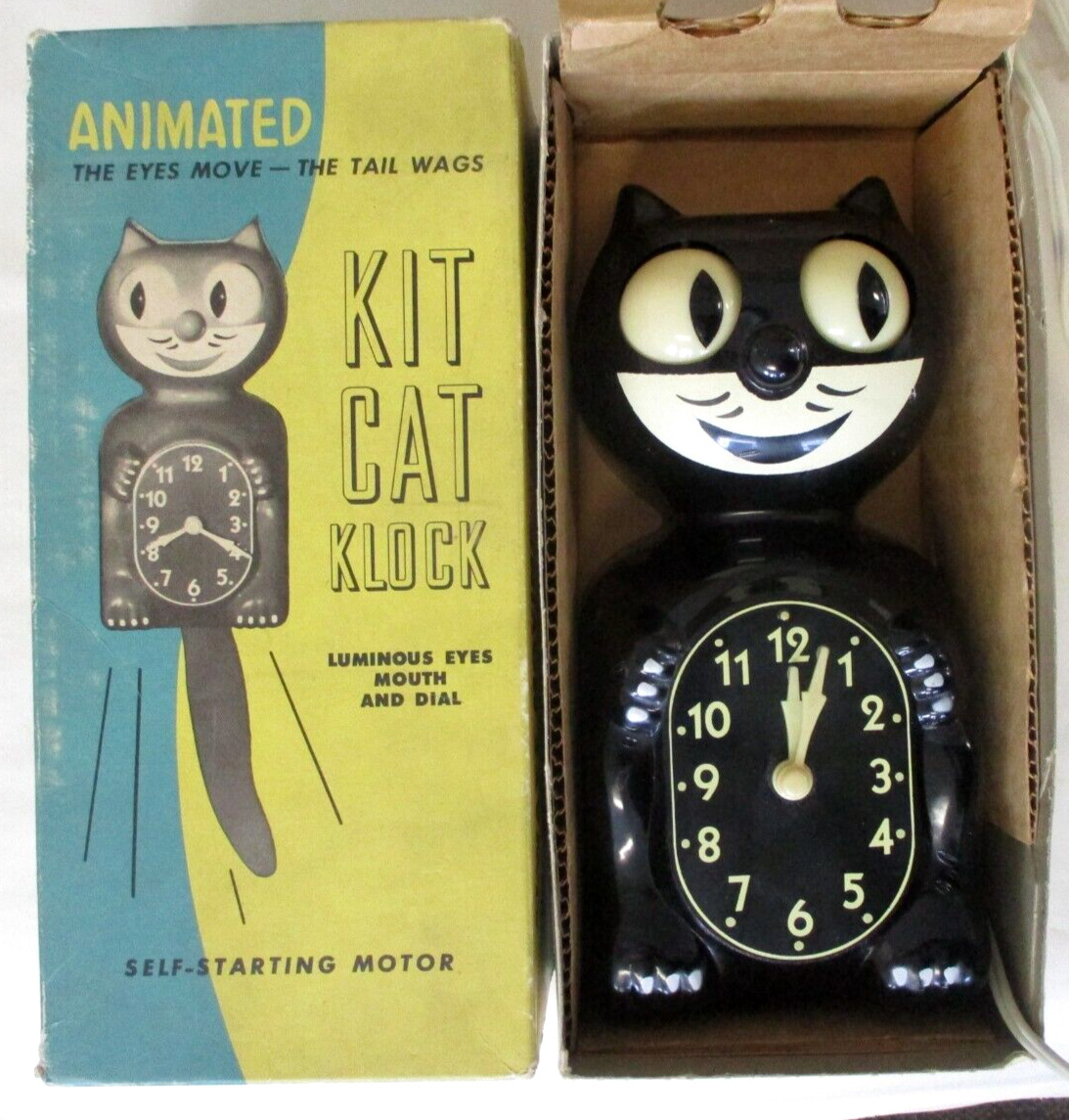 EARLY 1950\'s BLACK ALLIED ELECTRIC KIT CAT KLOCK w/ORIGINAL BOX Working