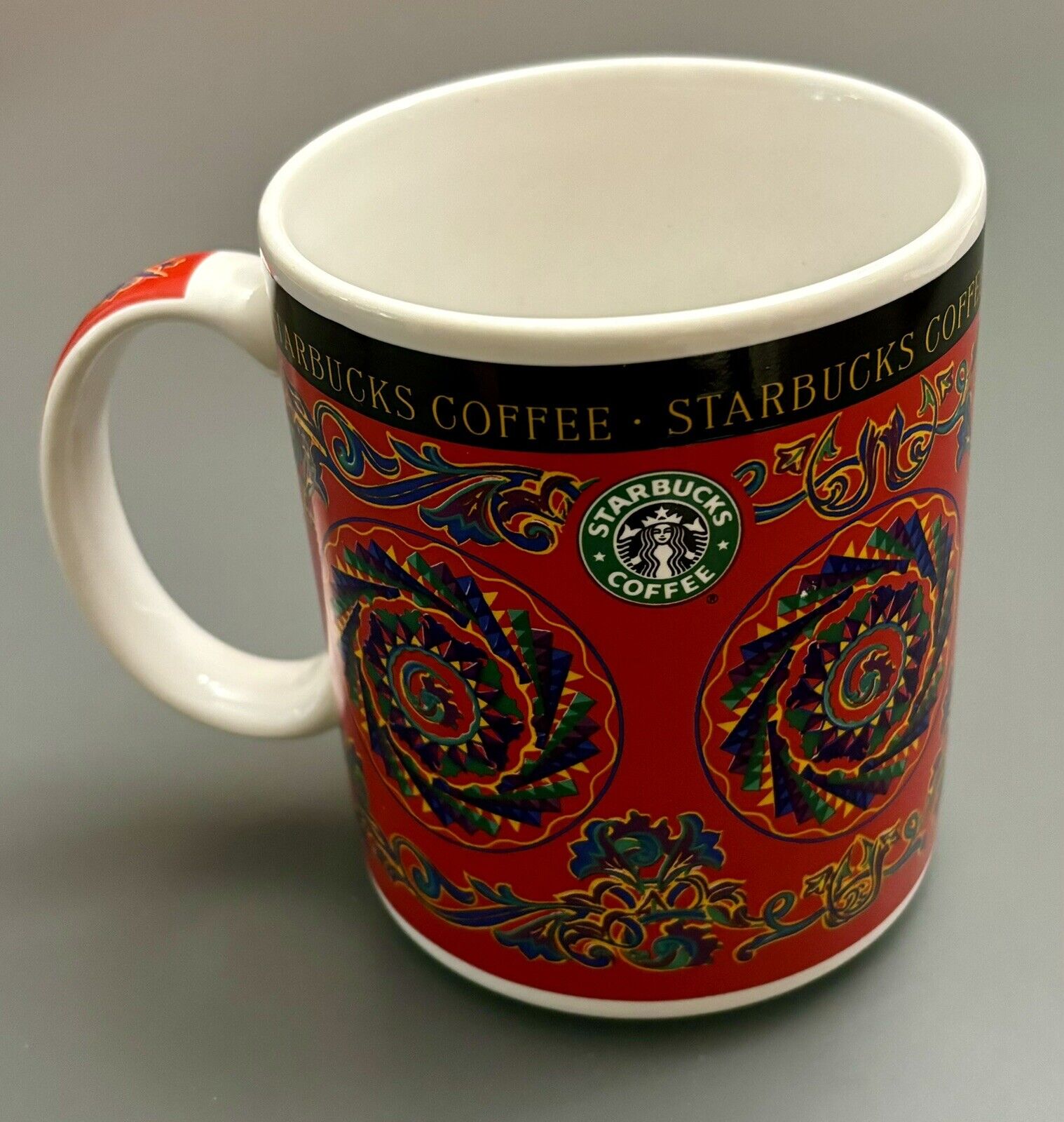 VNTG 1996 Starbucks Mug Floral Paisley Ethnic Design Red Made in Thailand Rare