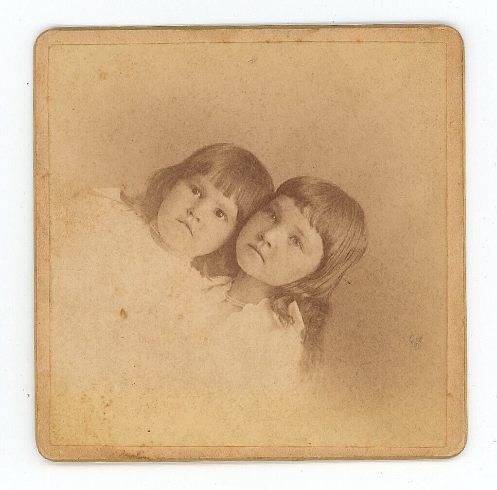 Antique Circa 1880s Small 3X3 in Cabinet Card Two Adorable Little Girls Sisters?