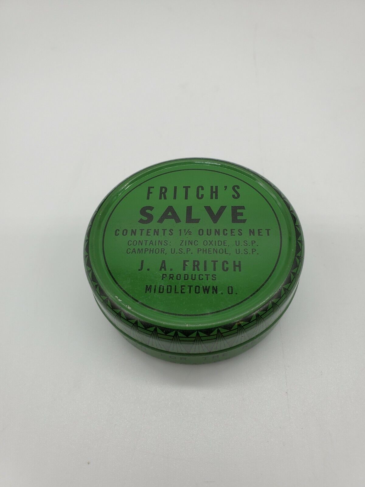 Vintage FRITCH'S SALVE Medicine Tin J.A. FRITCH MIDDLETOWN OHIO