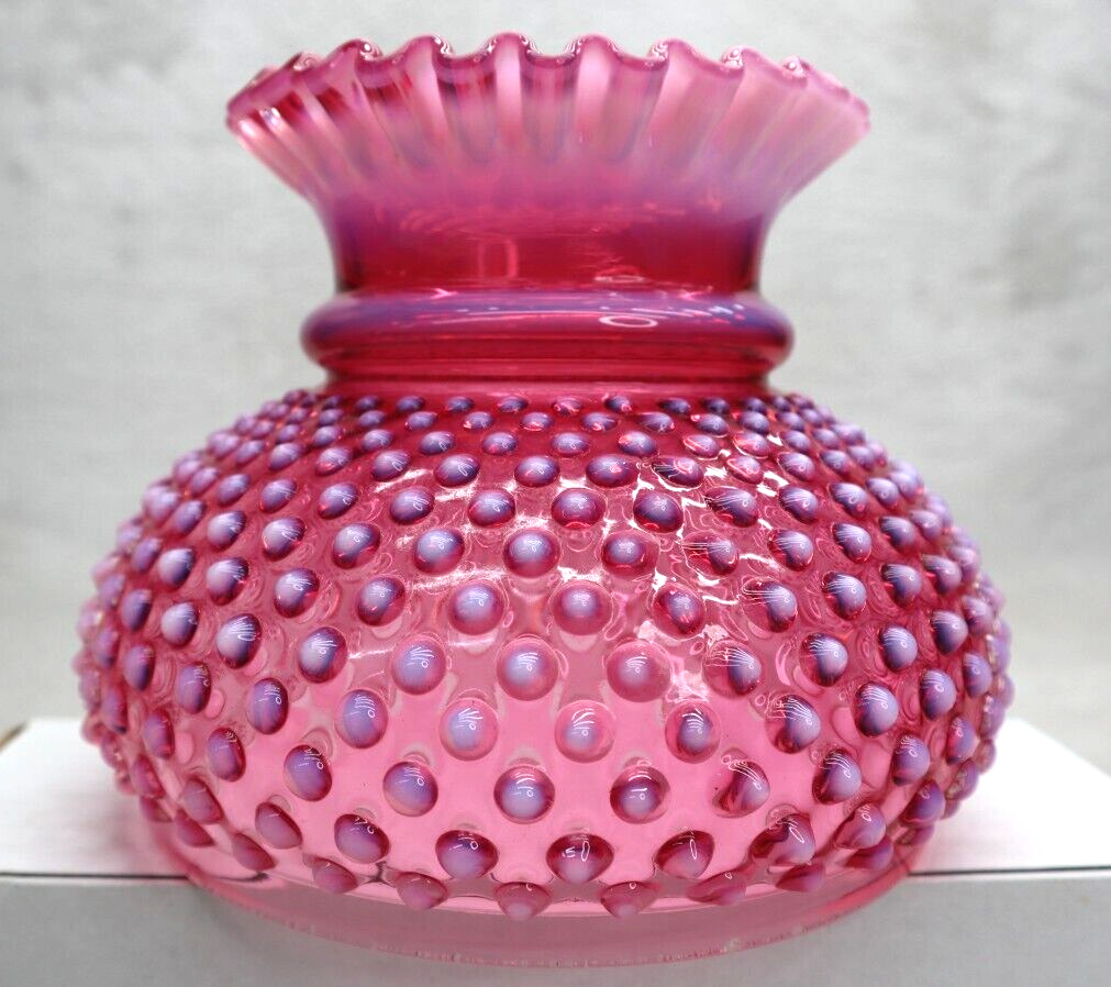Vintage Fenton Hobnail Cranberry Opalescent Ruffled Lamp Shade 6 7/8” Fitter