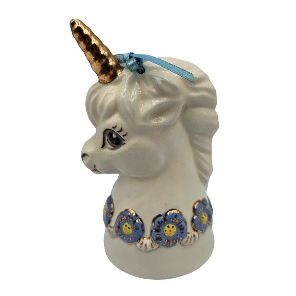 Vintage 1970s Hand Painted Unicorn Bust Bell Ceramic Big doe Eyed Metallic Gold