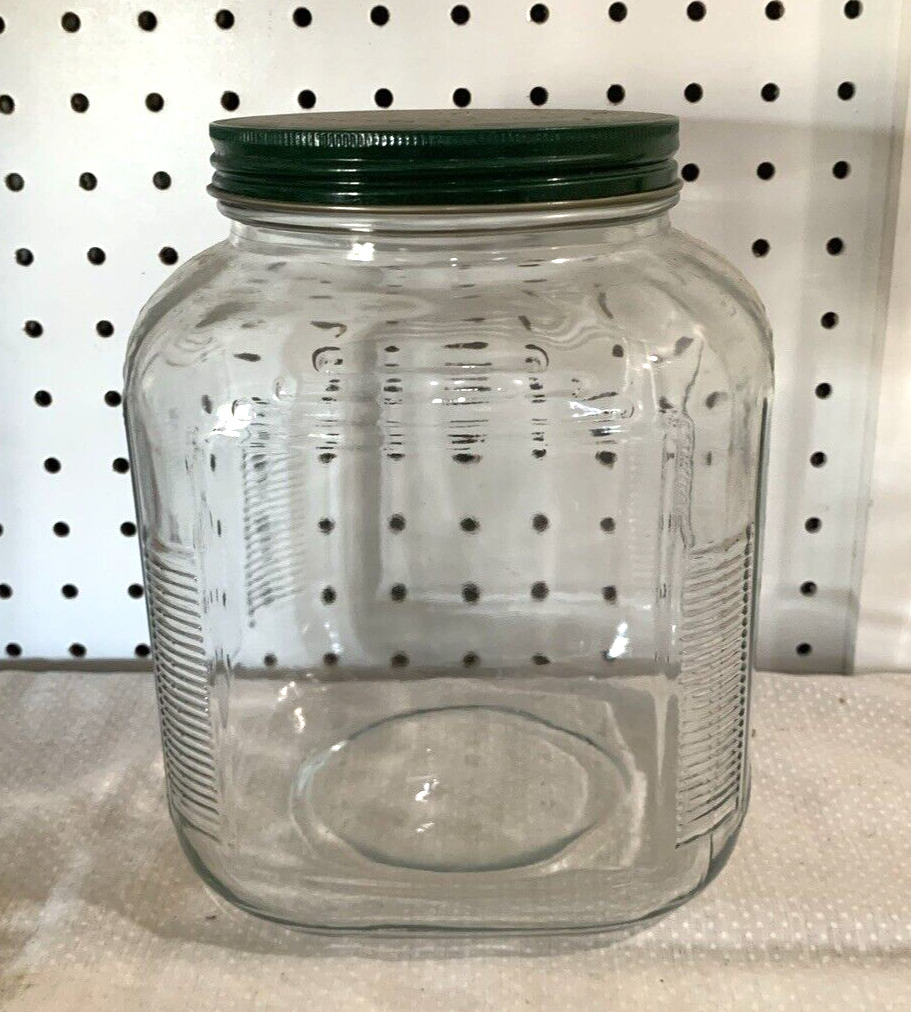 Vintage HOOSIER Glass Jar Canister with GREEN Lid Container Farmhouse