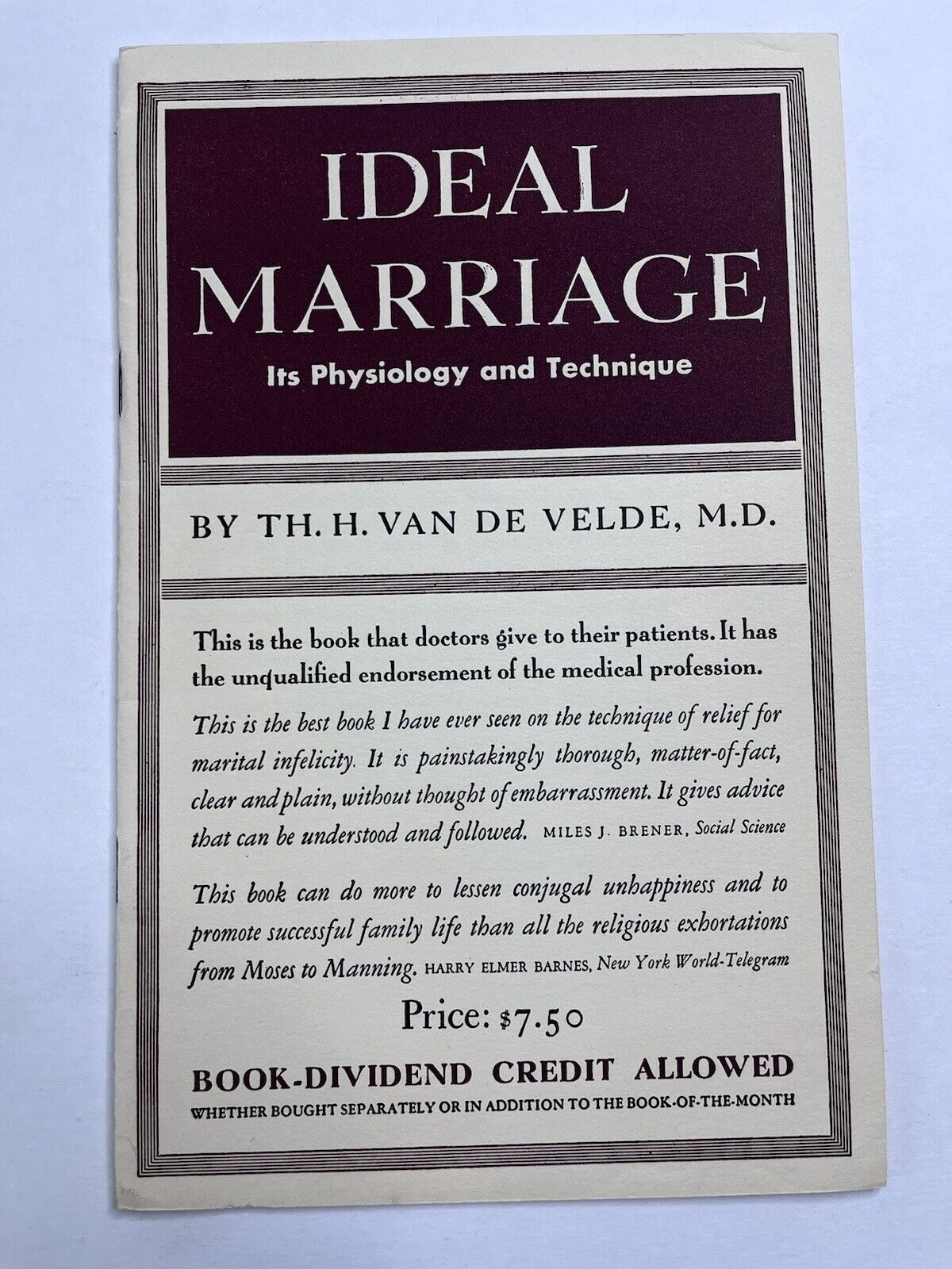 Ideal Marriage Its Physiology & Technique Van de Velde DOC TO PATIENT BOOKLET