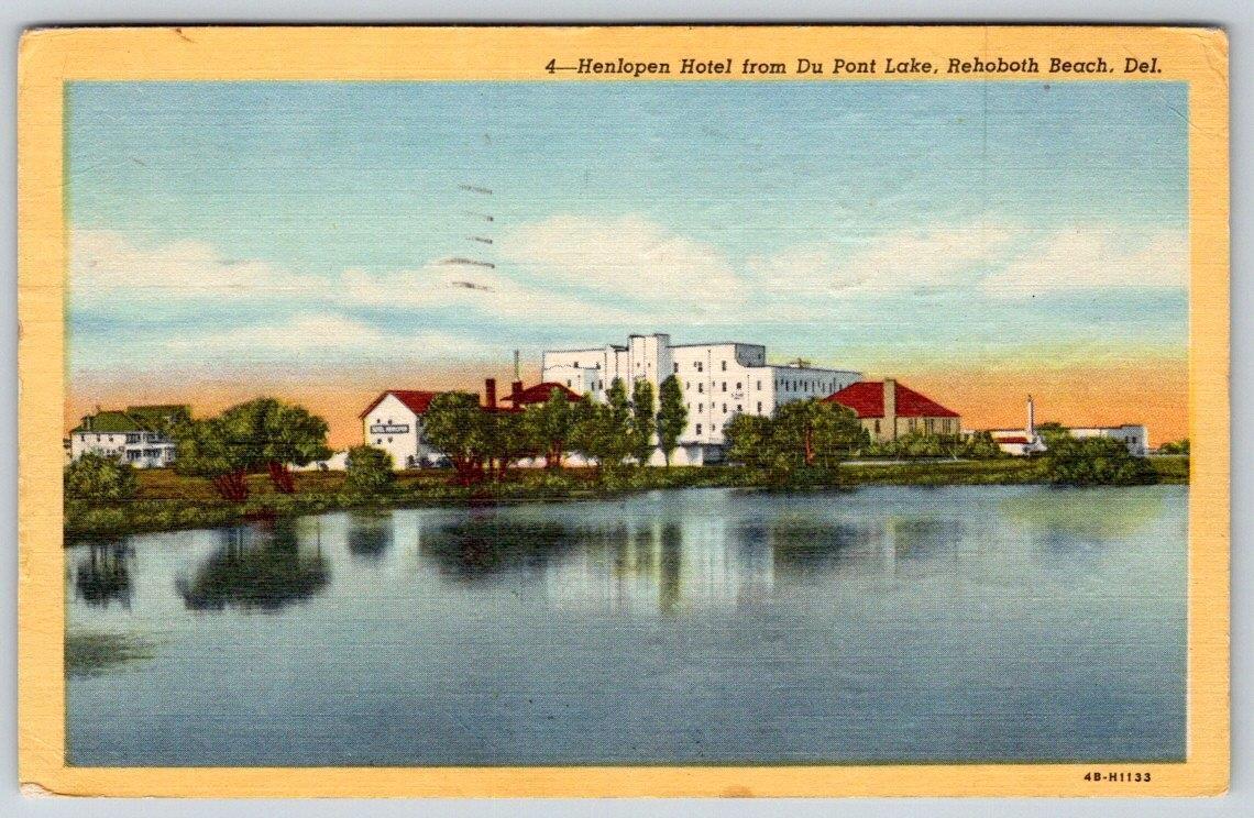 1955 HENLOPEN HOTEL FROM DuPONT LAKE REHOBOTH BEACH DELAWARE*DE*LINEN POSTCARD