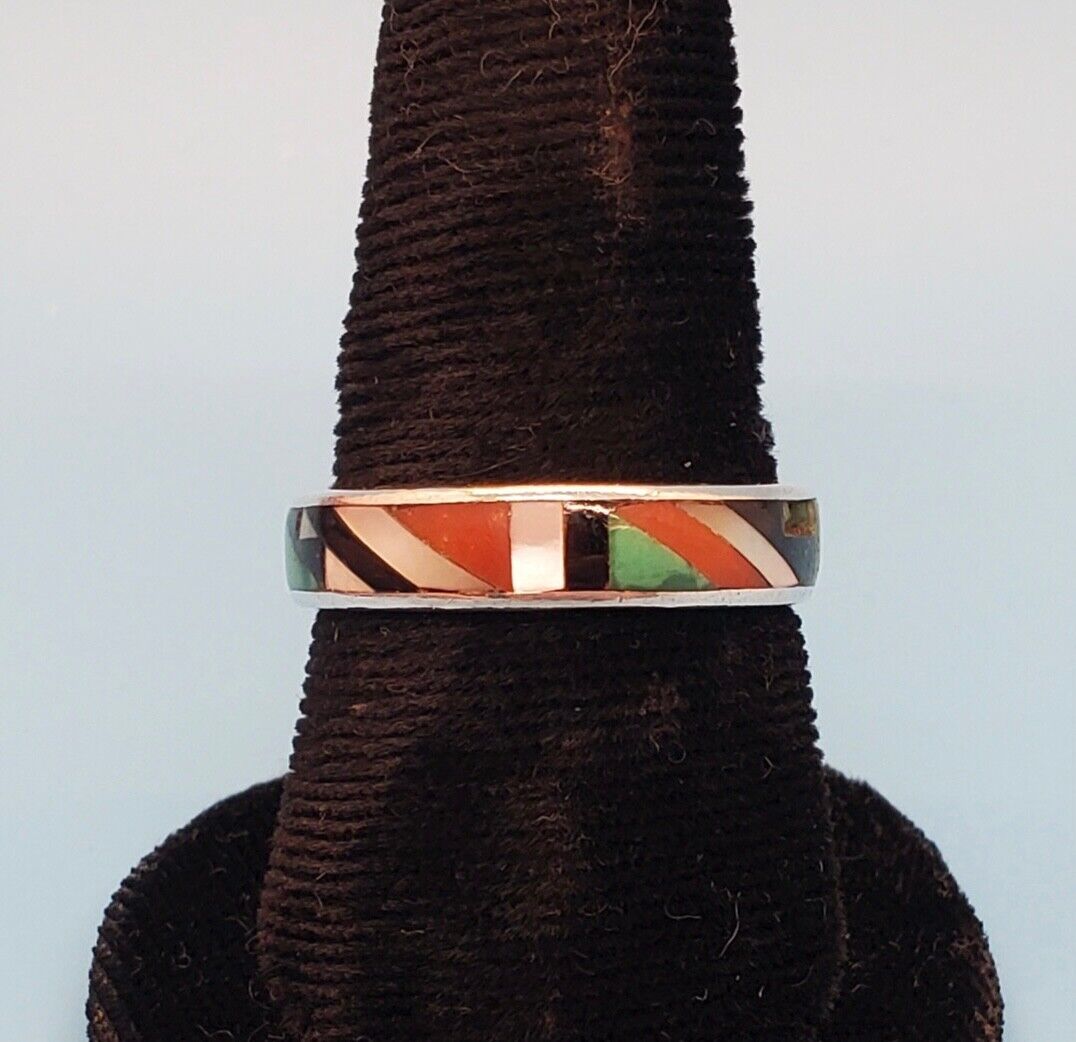 Zuni Multi Stone Inlay Ring Size 8 Sterling Silver Native American Vintage USA