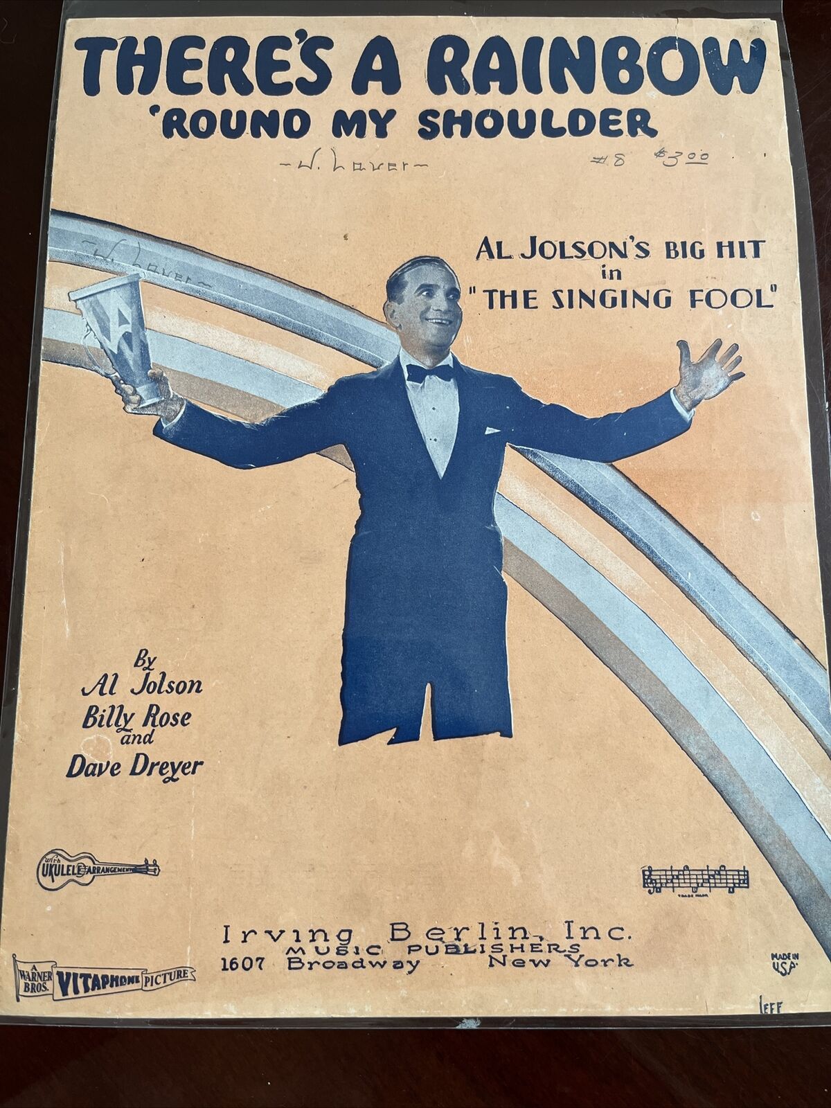 Vintage 1928 Sheet Music Al Jolson There\'s a Rainbow \'Round My Shoulder