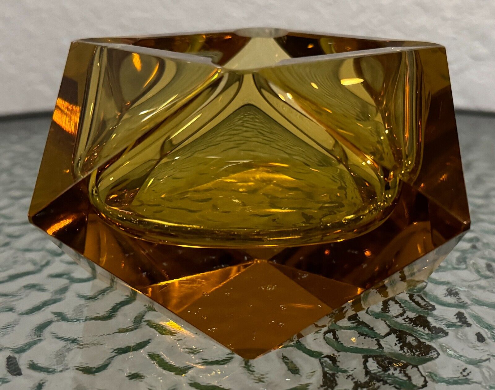 VTG Imperlux Hand Cut Lead Amber Crystal Ashtray Glass Bias Angle