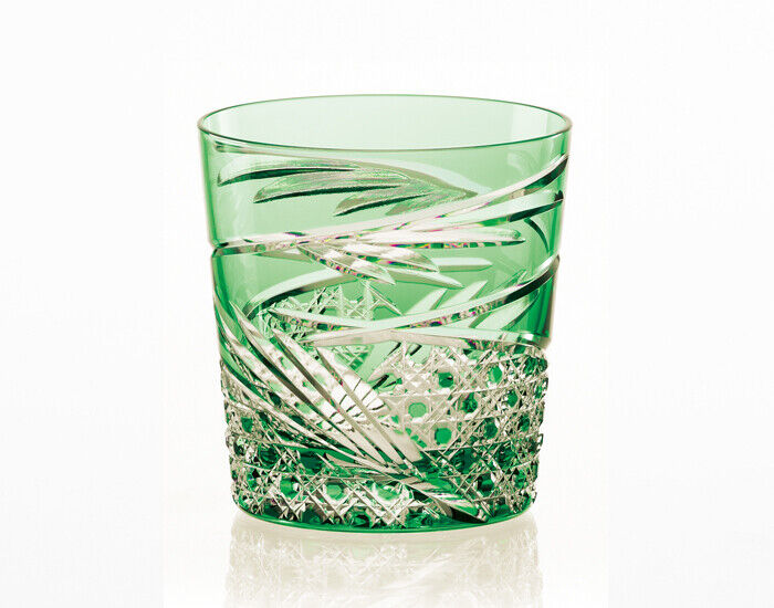 KAGAMI Crystal Edo Kiriko Whisky Glass Green with Wooden Box Hand Made in Japan
