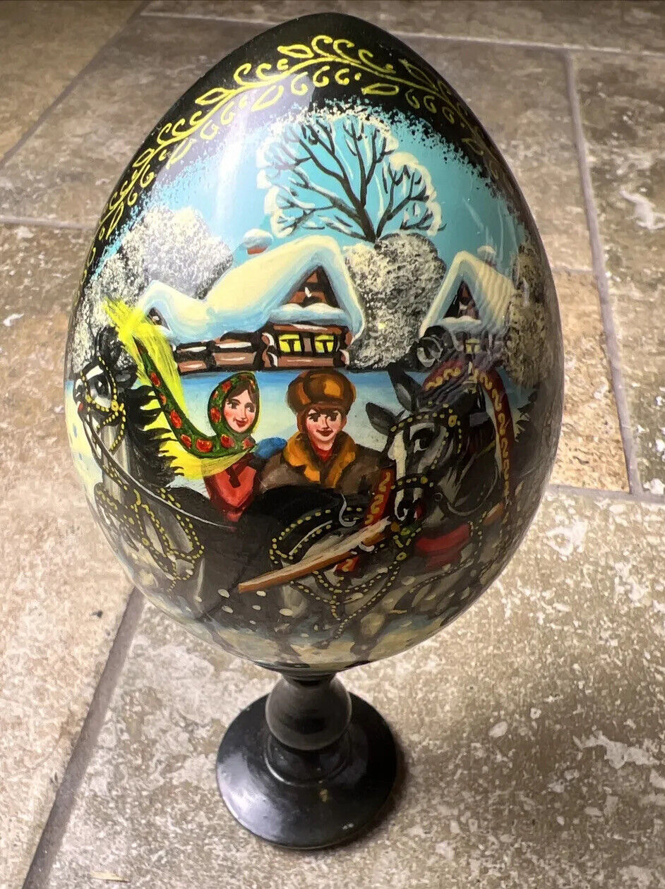 Antique Vintage Russian Hand Painted Wood Egg W/ Stand Winter Woman Horses 8”