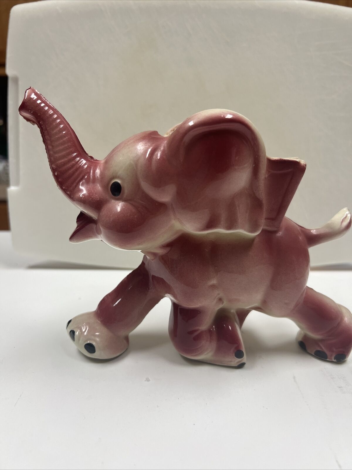 Vintage 6” tall Pink Elephant with Trunk Up  Ceramic Pottery Planter