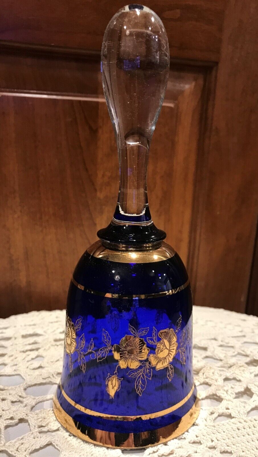 Lovely ? Bohemian Czech Italy Cobalt Blue & Clear Bell Gold Etched Flowers 8\