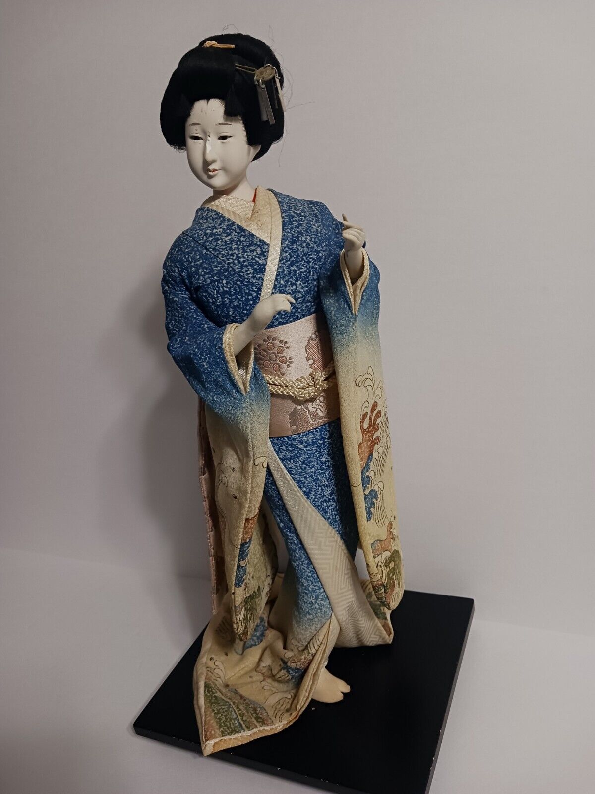 Vintage Japanese Geisha 17” Doll In Kimono, On a Wood Base