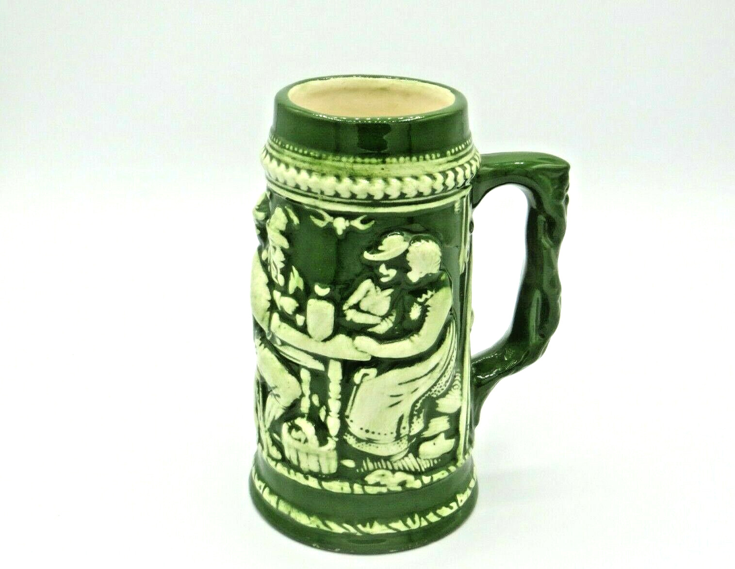 German Vintage Ceramic Green White Glazed Beer Stein Mug 7