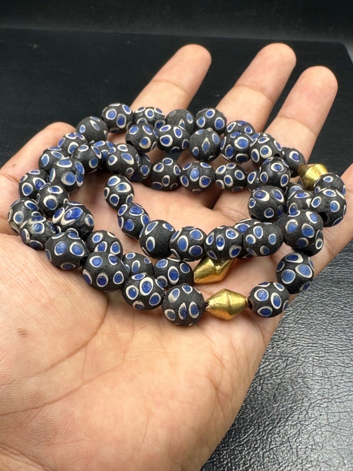 Beautiful old afghani gabri glass beads necklace with 3 pieces real gold wax