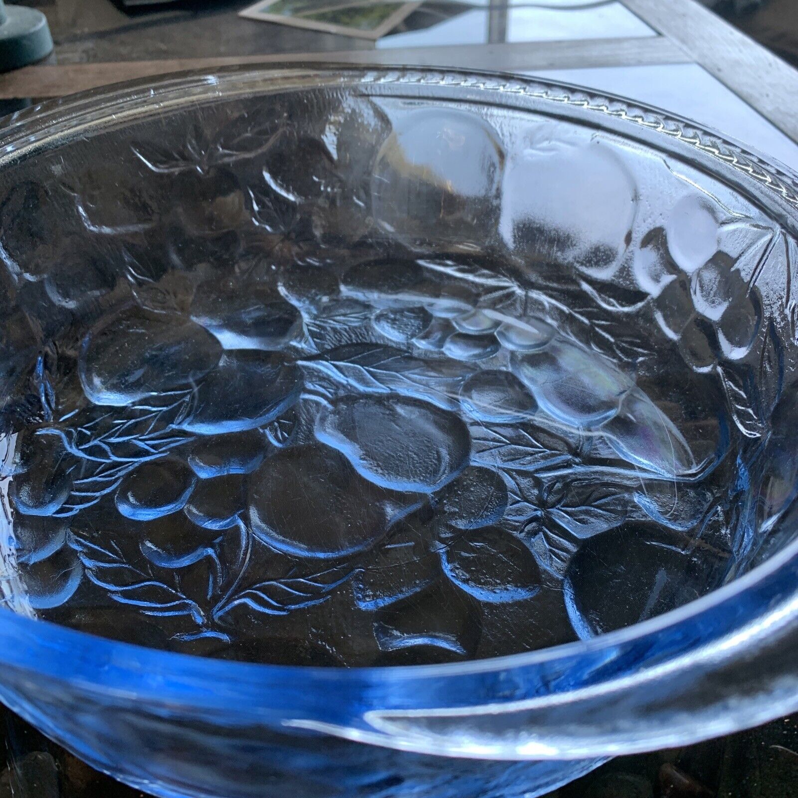 Rare Blue Refracted Vintage Libbey Glass Casserole Dish Fruit Pattern~Oven Proof