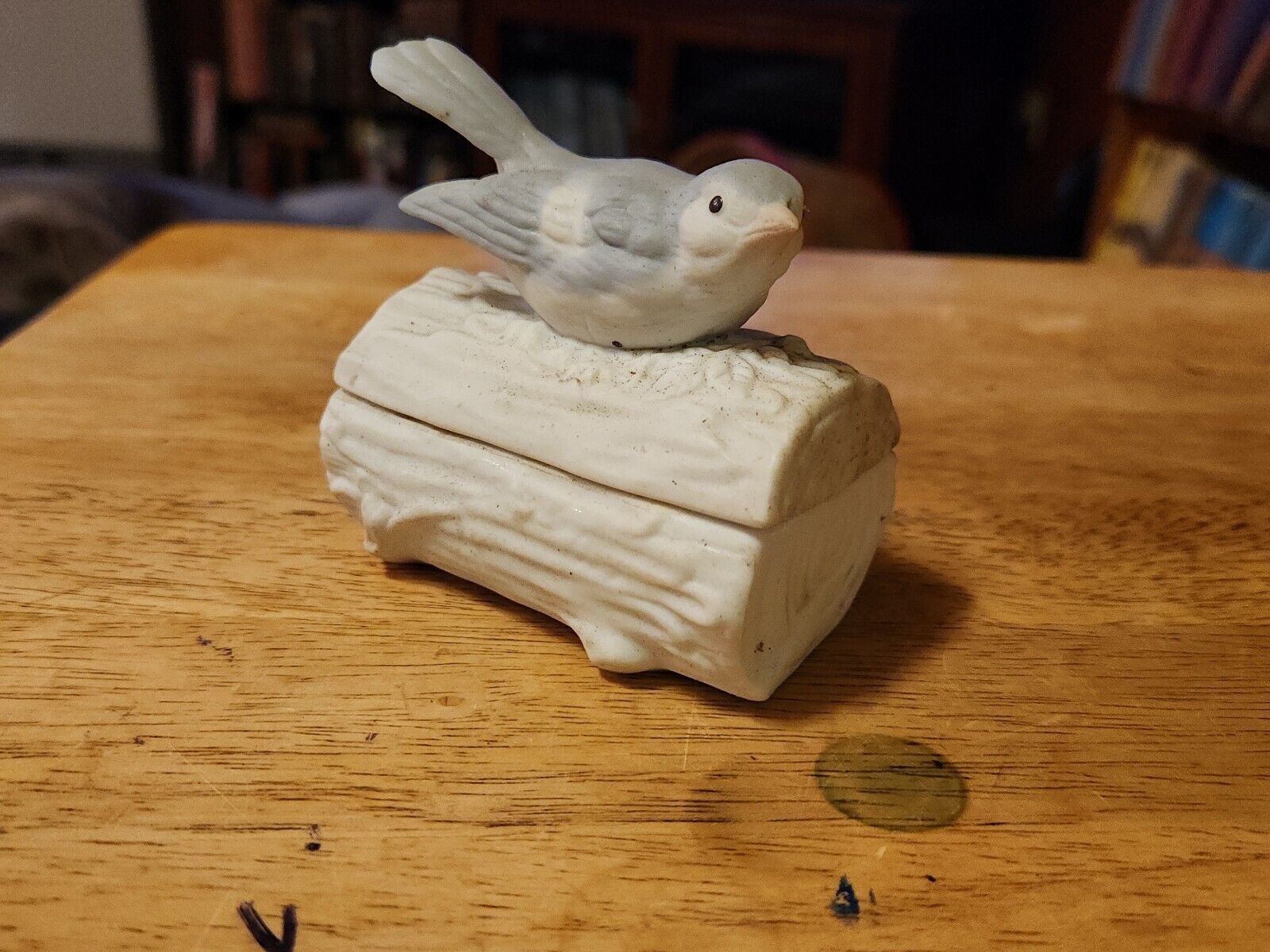 Ceramic Bisque Bird on Log Trinket Box by Crowning Touch Japan Removable Lid 3x3