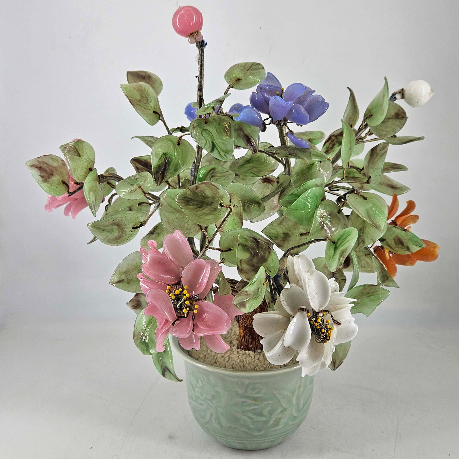 Vintage Jade Glass Bonsai Tree Multi Color Flower Rose Quartz Celadon Pot 13\